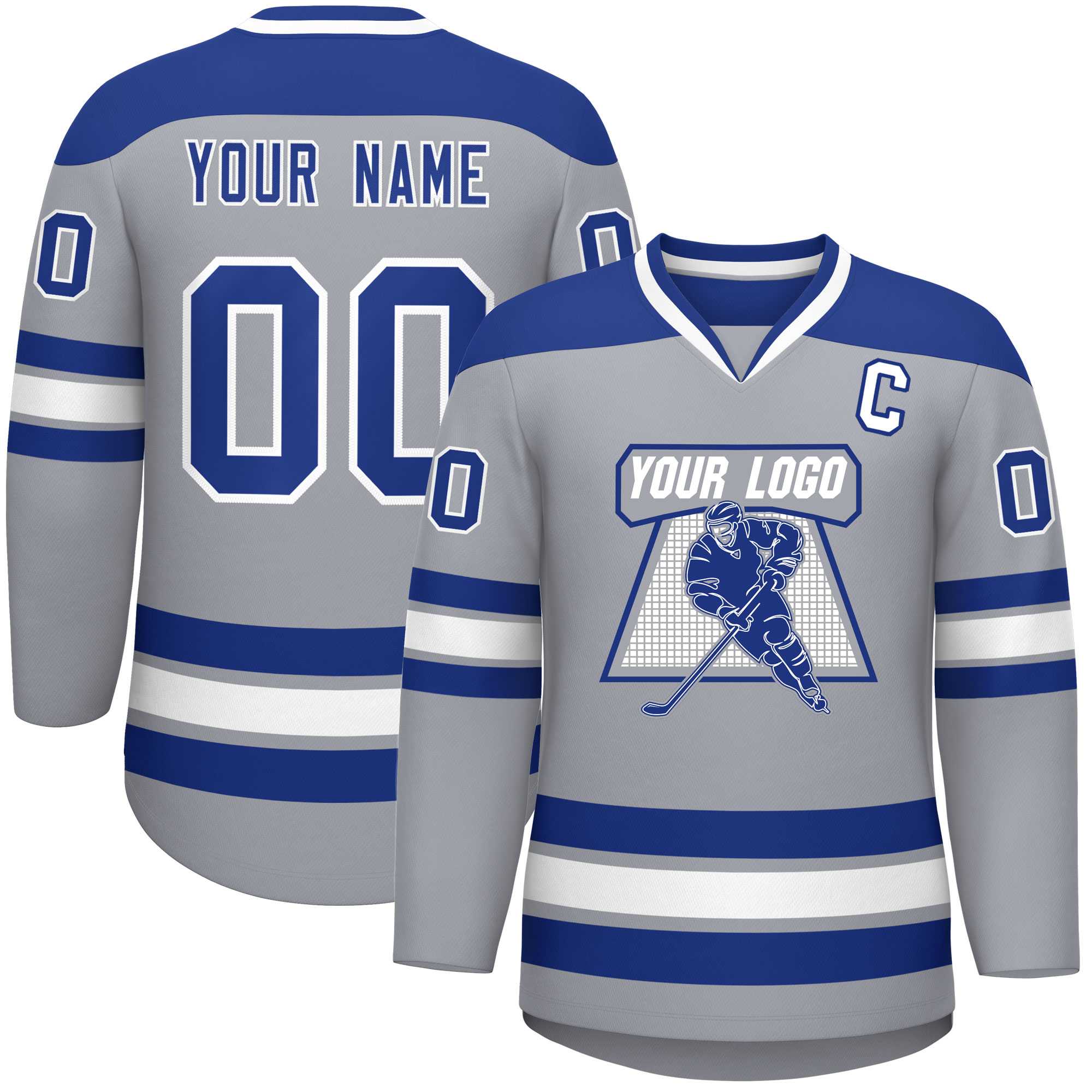 Custom Gray Royal-White Personalized Classic V-Neck Hockey Jersey