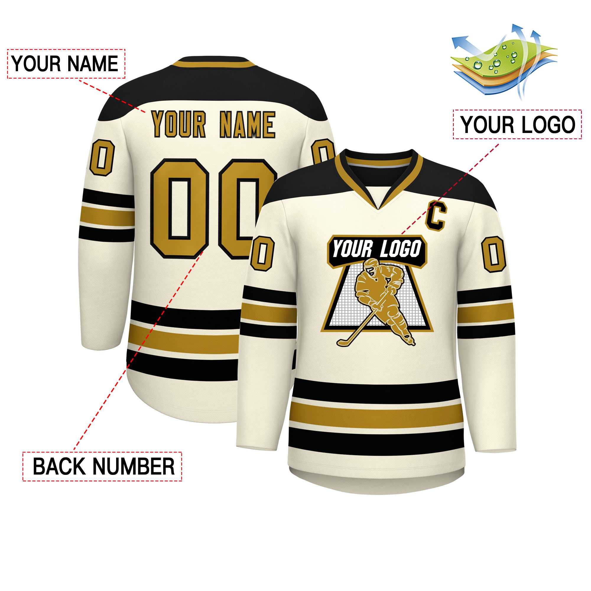 Custom Cream Black-Old Gold Personalized Classic V-Neck Hockey Jersey