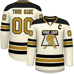 Custom Cream Black-Old Gold Personalized Classic V-Neck Hockey Jersey