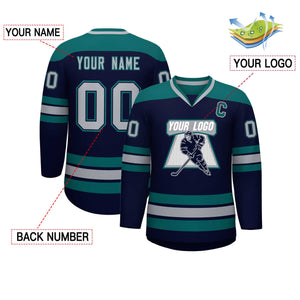 Custom Navy Aqua-Gray Personalized Classic V-Neck Hockey Jersey