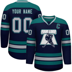 Custom Navy Aqua-Gray Personalized Classic V-Neck Hockey Jersey