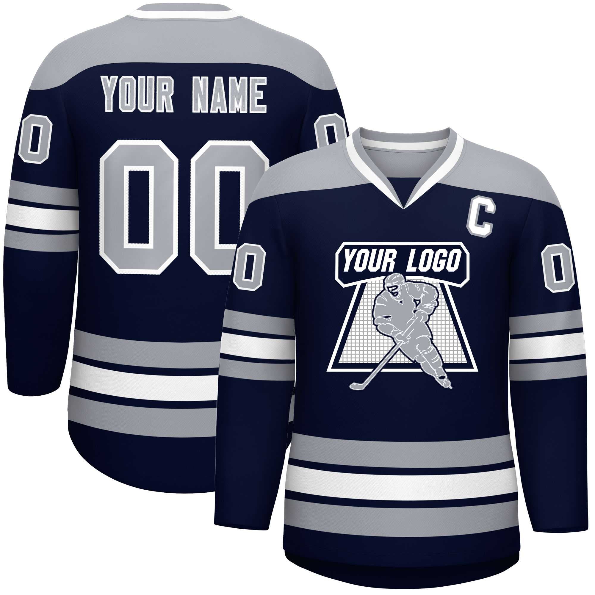 Custom Navy Gray-White Personalized Classic V-Neck Hockey Jersey