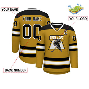 Custom Old Gold Black-White Personalized Classic V-Neck Hockey Jersey