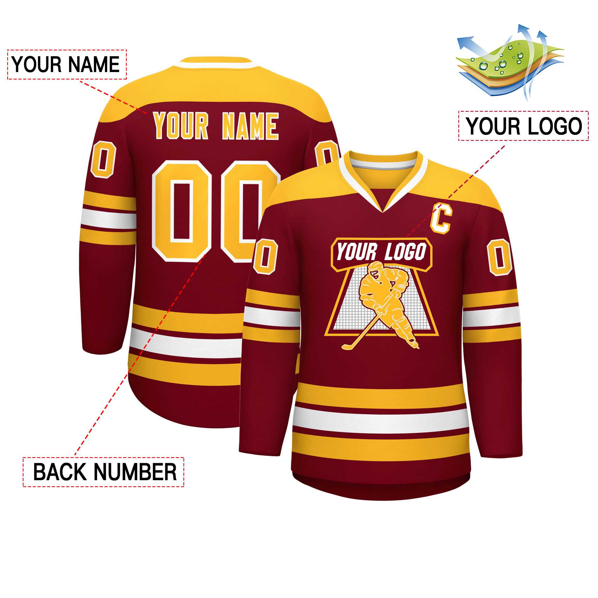 Custom Crimson Gold-White Personalized Classic V-Neck Hockey Jersey