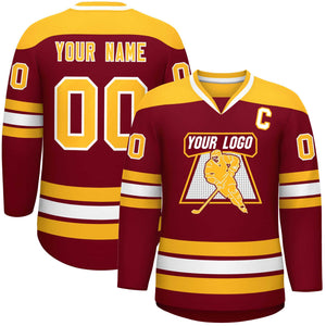 Custom Crimson Gold-White Personalized Classic V-Neck Hockey Jersey