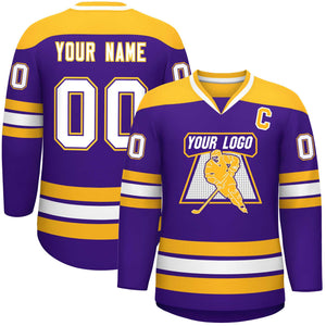 Custom Purple Gold-White Personalized Classic V-Neck Hockey Jersey