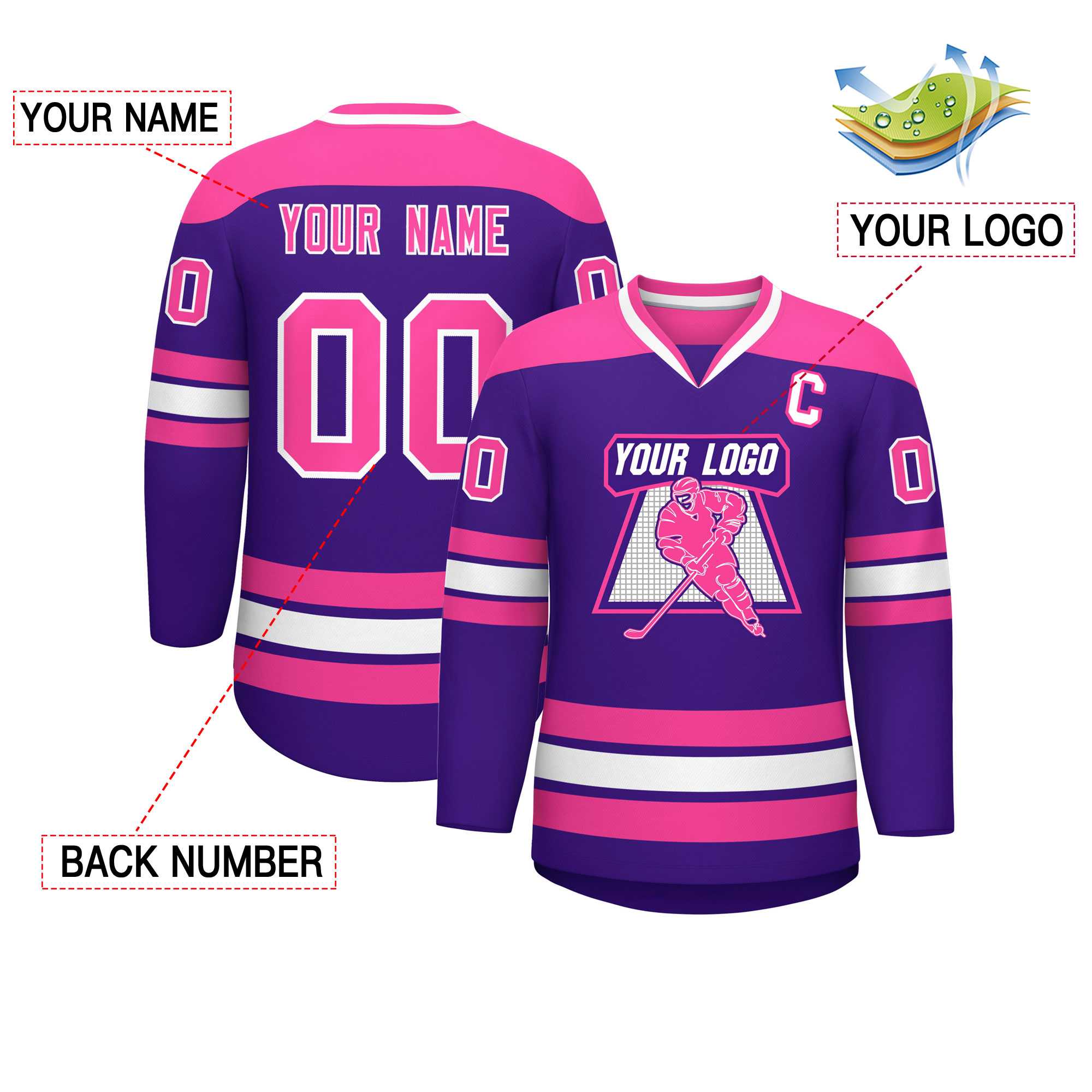 Custom Purple Pink-White Personalized Classic V-Neck Hockey Jersey