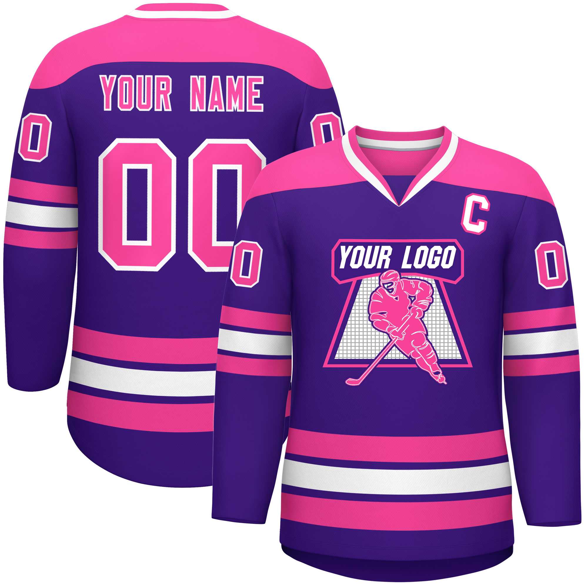 Custom Purple Pink-White Personalized Classic V-Neck Hockey Jersey