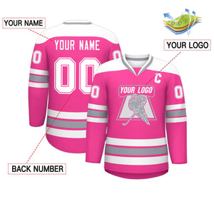 Custom Pink White-Gray Personalized Classic V-Neck Hockey Jersey