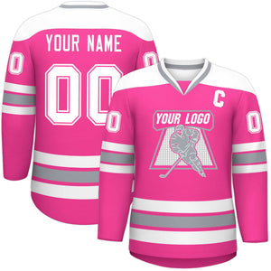 Custom Pink White-Gray Personalized Classic V-Neck Hockey Jersey