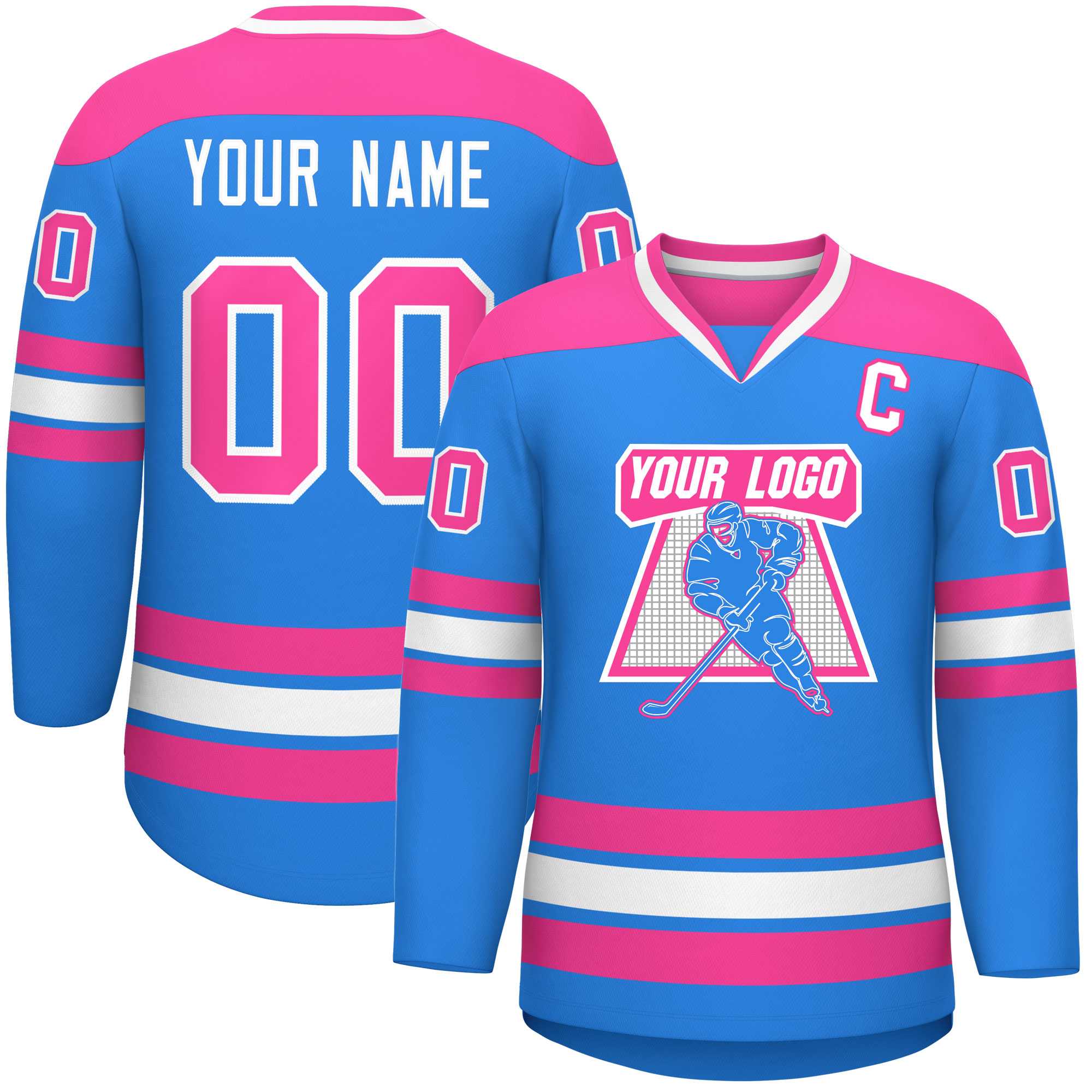 Custom Powder Blue Pink-White Personalized Classic V-Neck Hockey Jersey