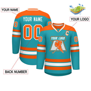 Custom Aqua Orange-White Personalized Classic V-Neck Hockey Jersey