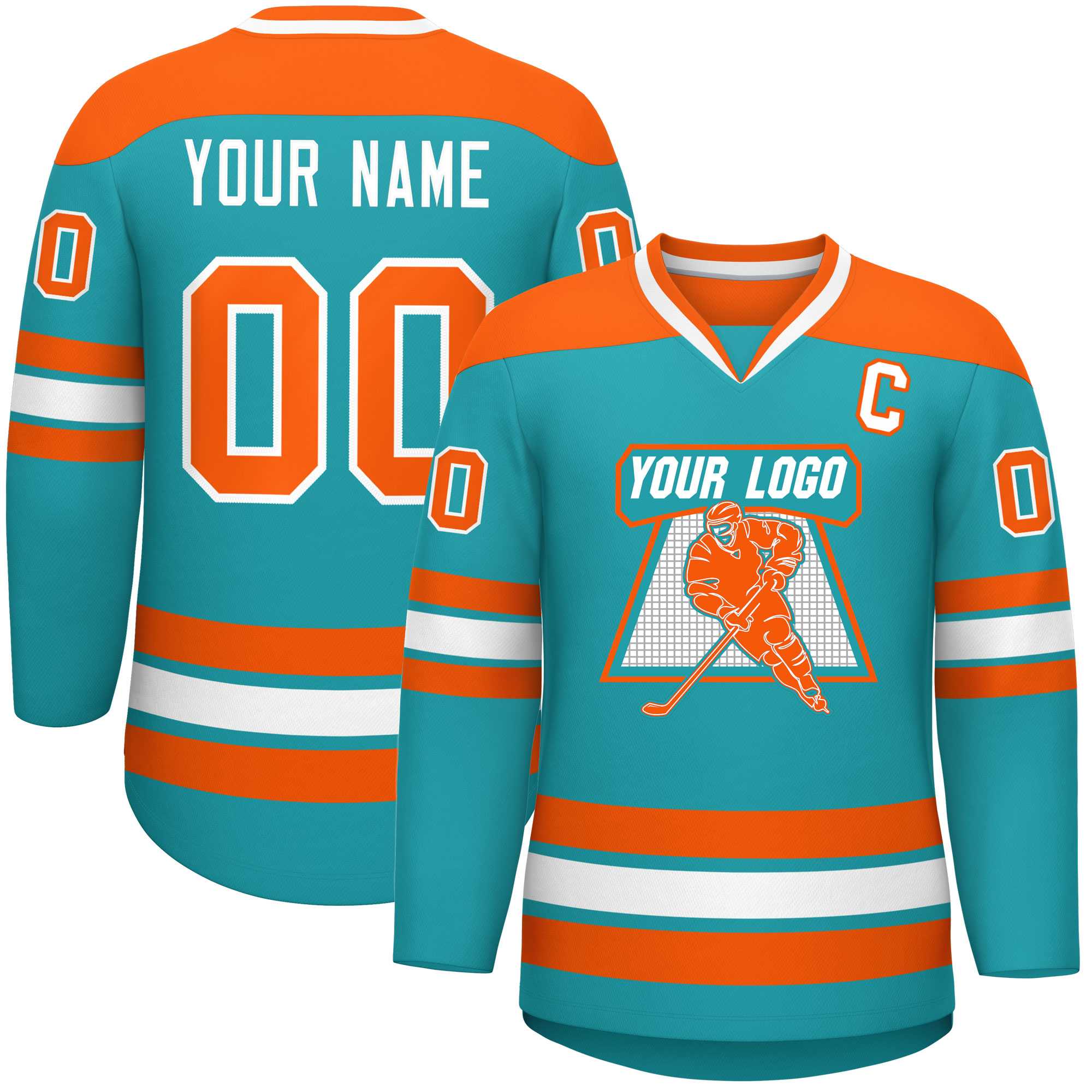 Custom Aqua Orange-White Personalized Classic V-Neck Hockey Jersey