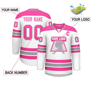 Custom White Pink-Gray Personalized Classic V-Neck Hockey Jersey