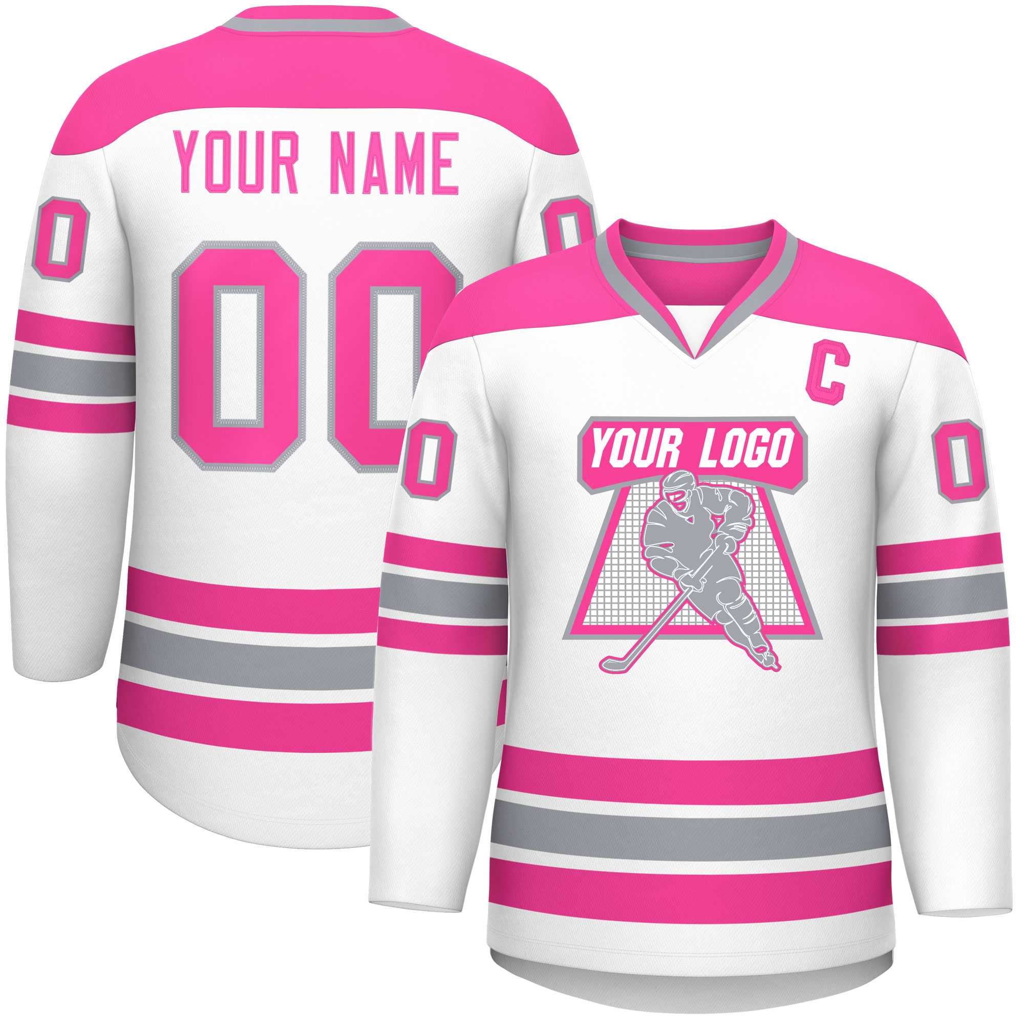 Custom White Pink-Gray Personalized Classic V-Neck Hockey Jersey