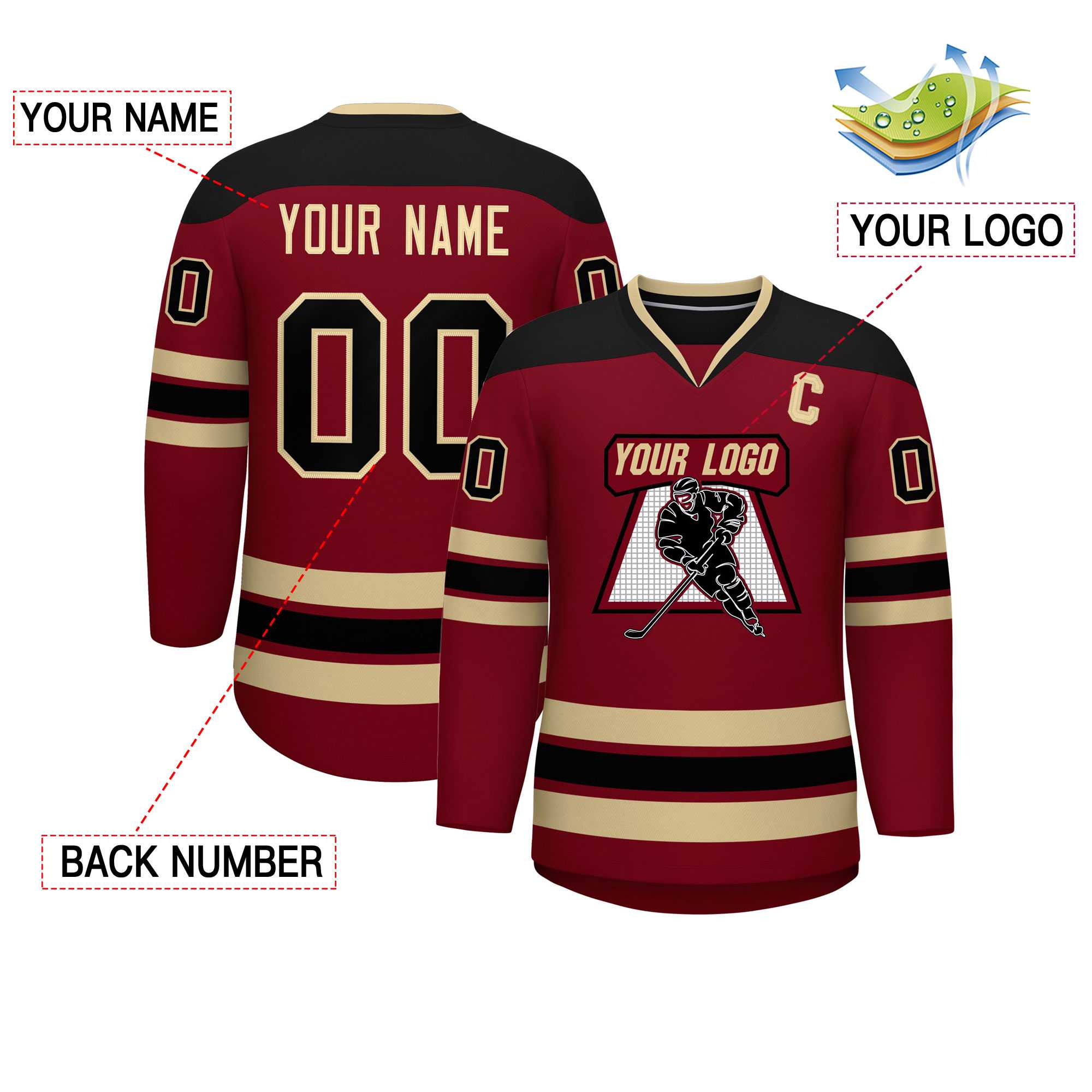 Custom Crimson Black-Black Personalized Classic V-Neck Hockey Jersey