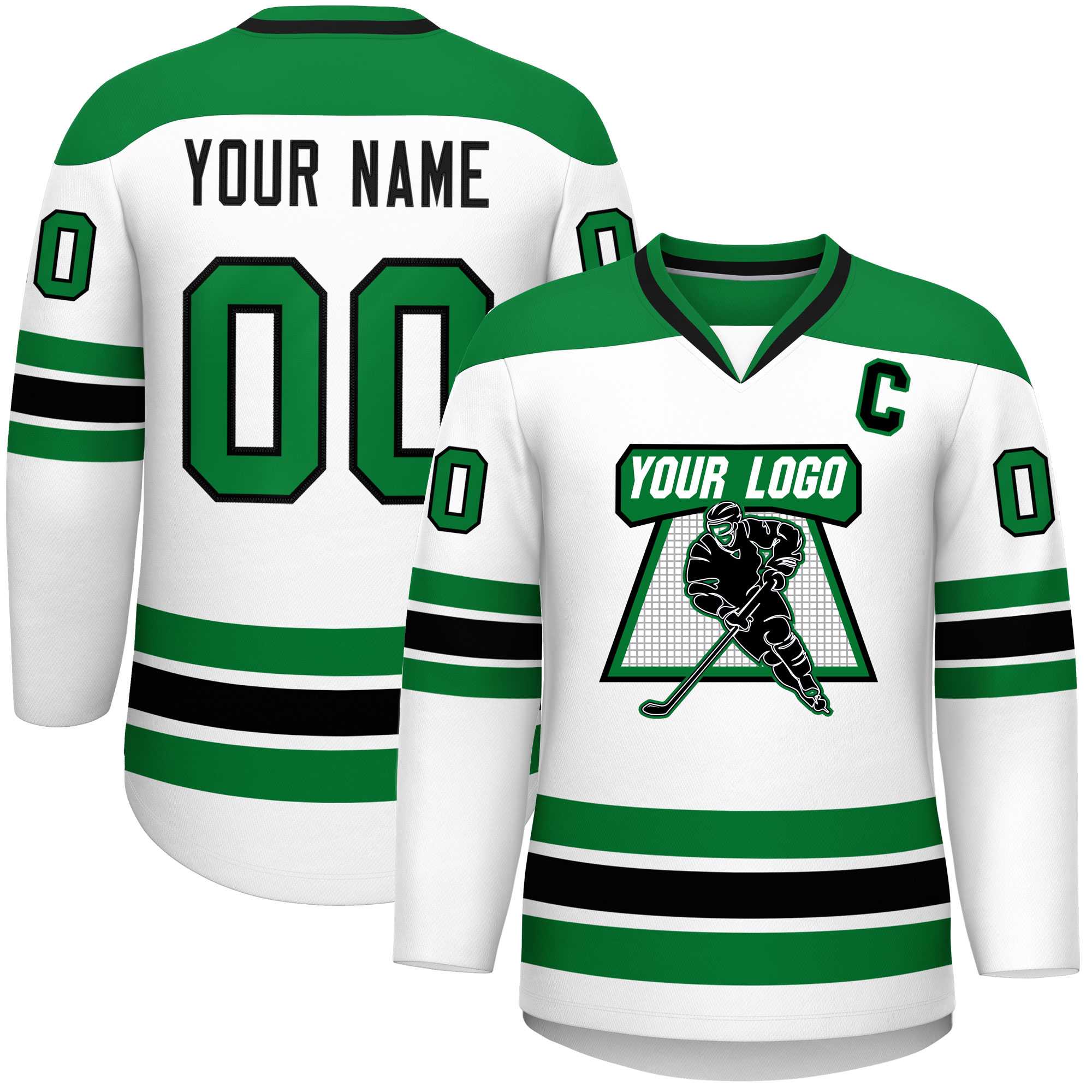 Custom White Kelly Green-Black Personalized Classic V-Neck Hockey Jersey