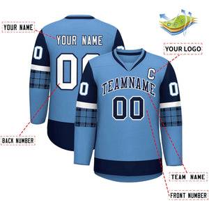 Custom Light Blue Navy-White Personalized Raglan Sleeves V-Neck Hockey Jersey