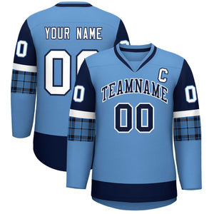 Custom Light Blue Navy-White Personalized Raglan Sleeves V-Neck Hockey Jersey