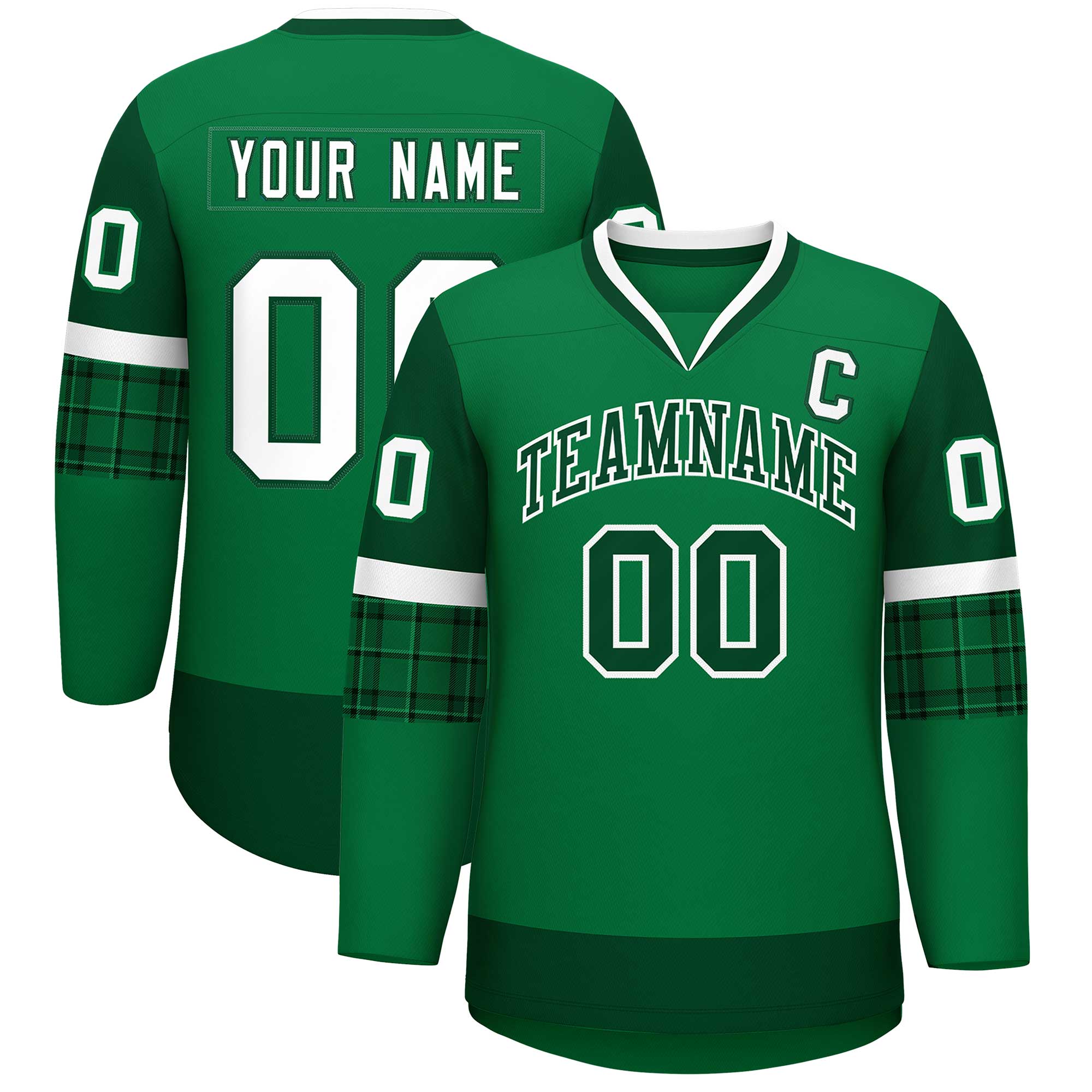 Custom Teal Green-White Personalized Raglan Sleeves V-Neck Hockey Jersey