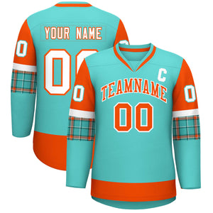 Custom Bright Green Orange-White Personalized Raglan Sleeves V-Neck Hockey Jersey