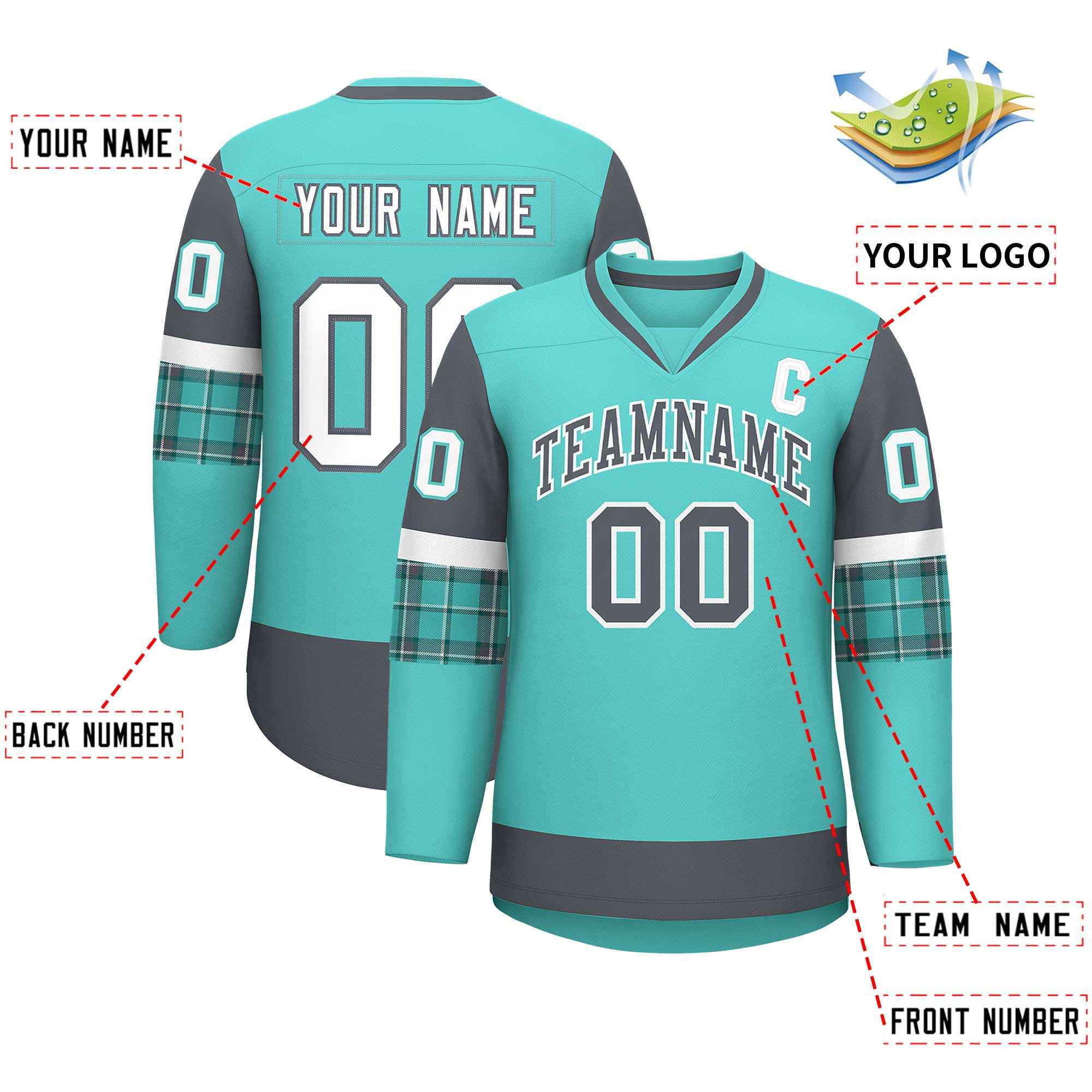 Custom Bright Green Dark Gray-White Personalized Raglan Sleeves V-Neck Hockey Jersey