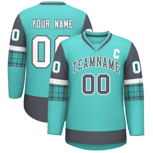 Custom Bright Green Dark Gray-White Personalized Raglan Sleeves V-Neck Hockey Jersey