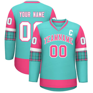 Custom Bright Green Pink-White Personalized Raglan Sleeves V-Neck Hockey Jersey