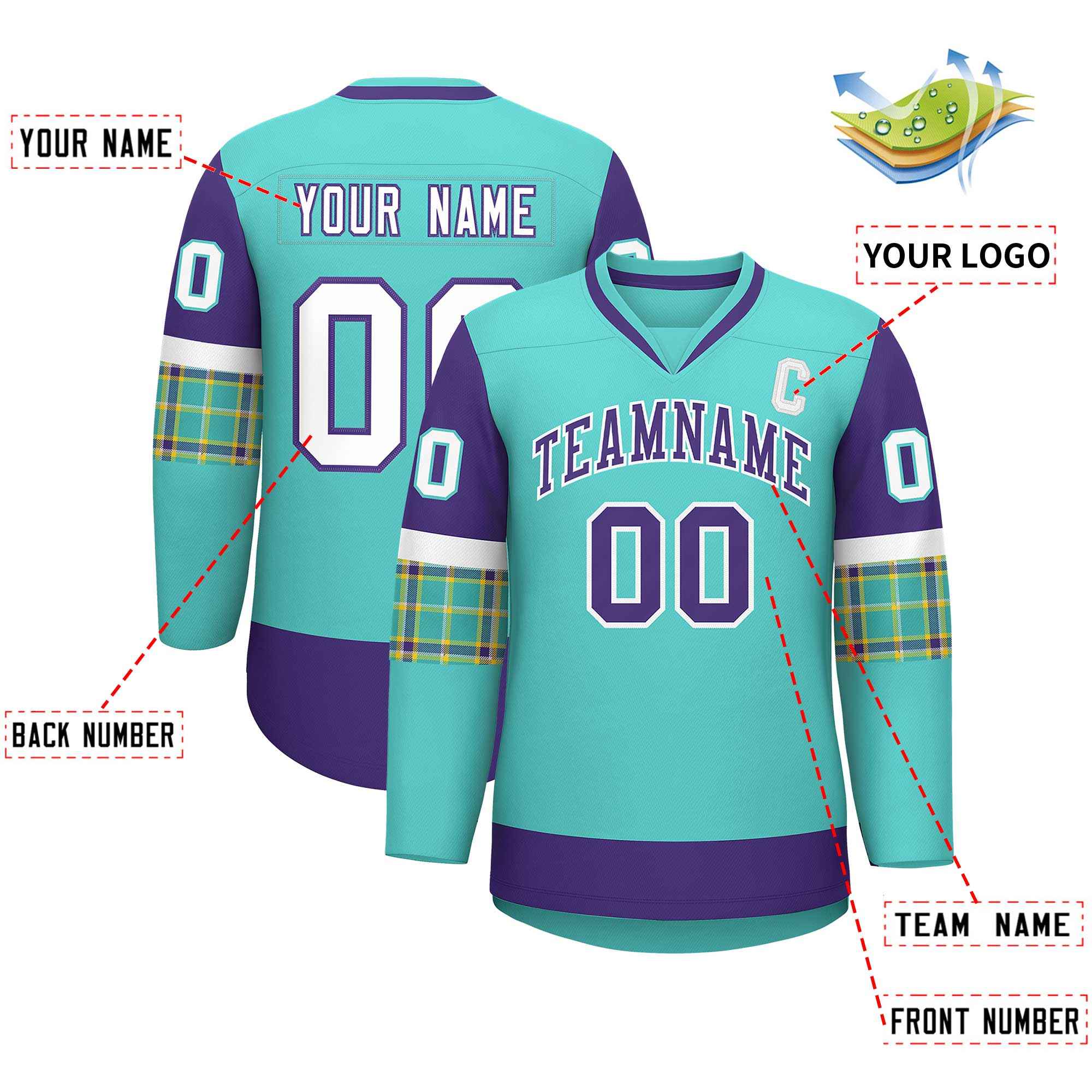 Custom Bright Green Purple-White Personalized Raglan Sleeves V-Neck Hockey Jersey