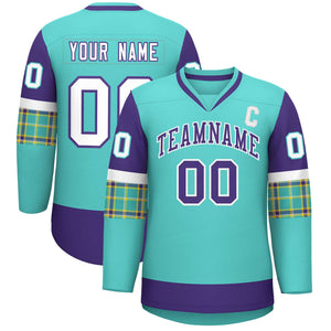 Custom Bright Green Purple-White Personalized Raglan Sleeves V-Neck Hockey Jersey