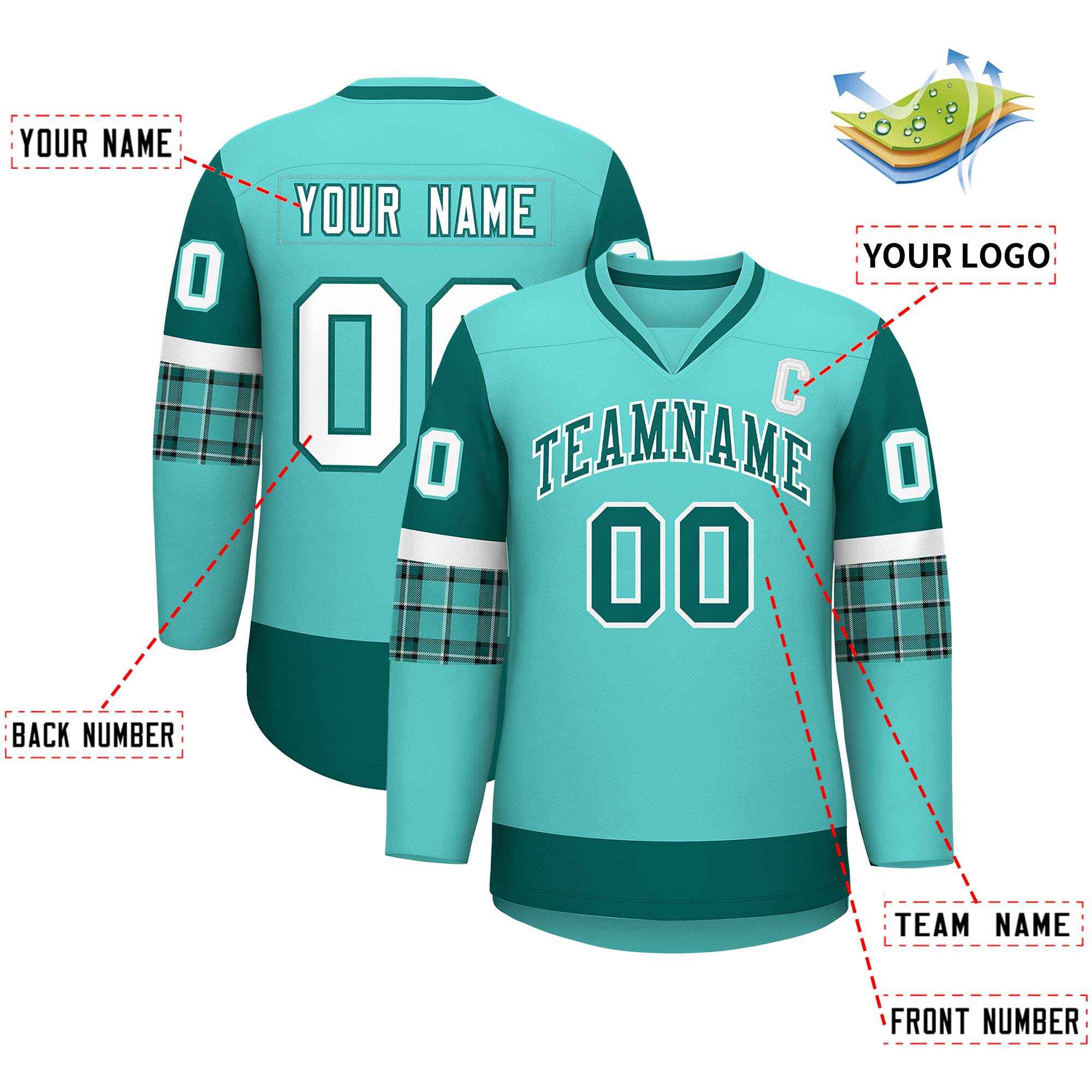 Custom Bright Green Aqua-White Personalized Raglan Sleeves V-Neck Hockey Jersey