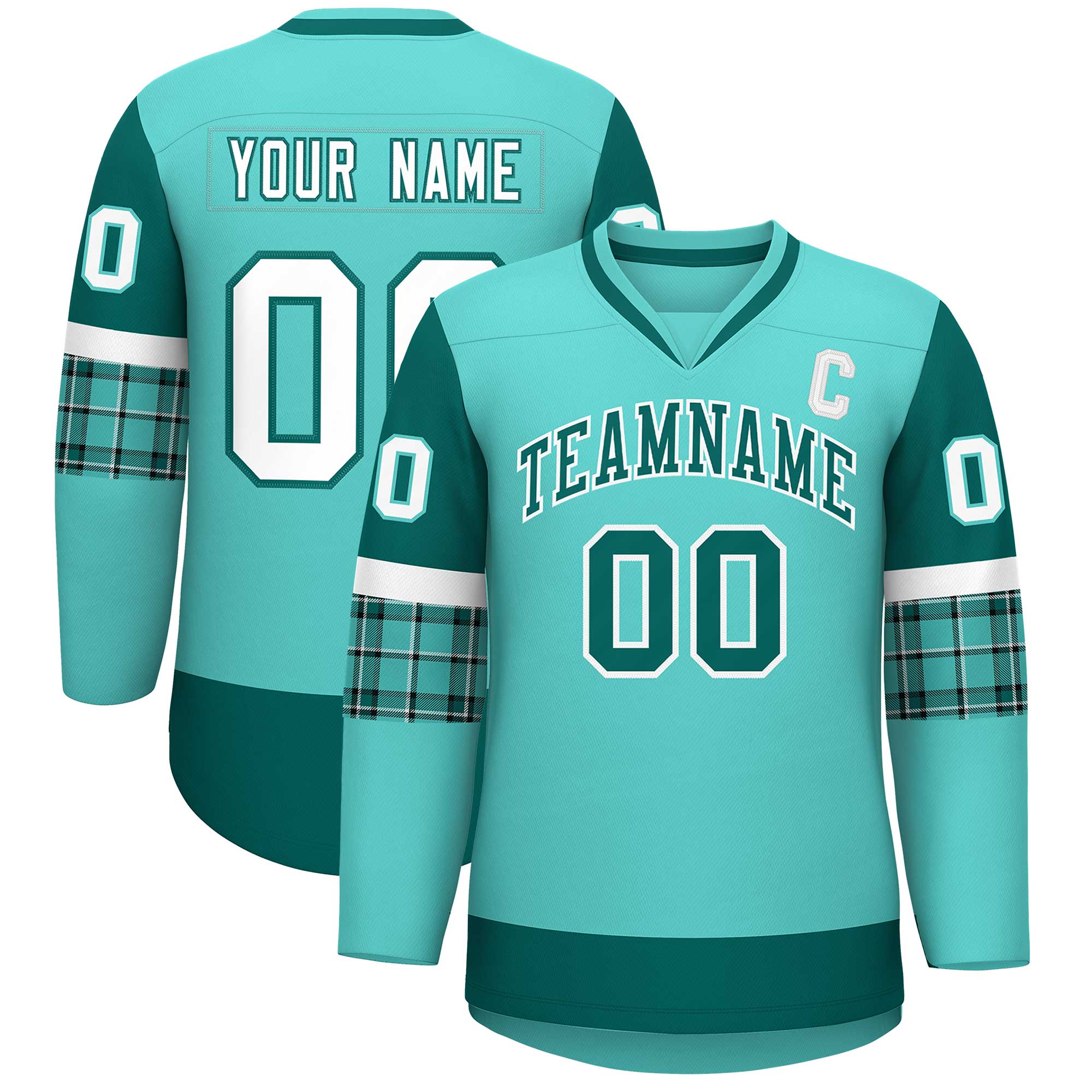 Custom Bright Green Aqua-White Personalized Raglan Sleeves V-Neck Hockey Jersey