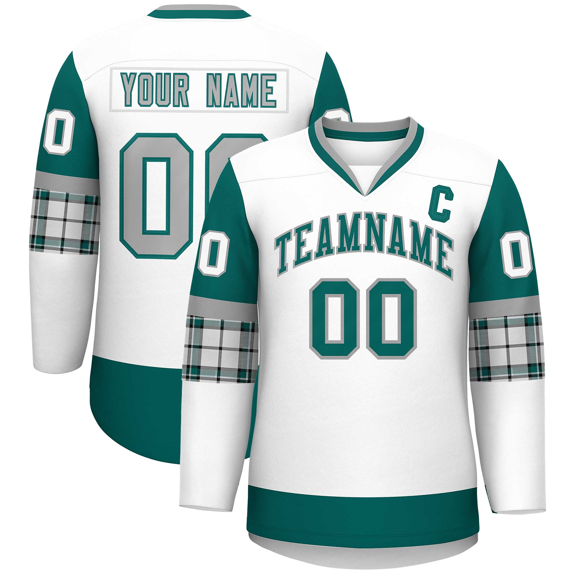 Custom White Aqua-Gray Personalized Raglan Sleeves V-Neck Hockey Jersey