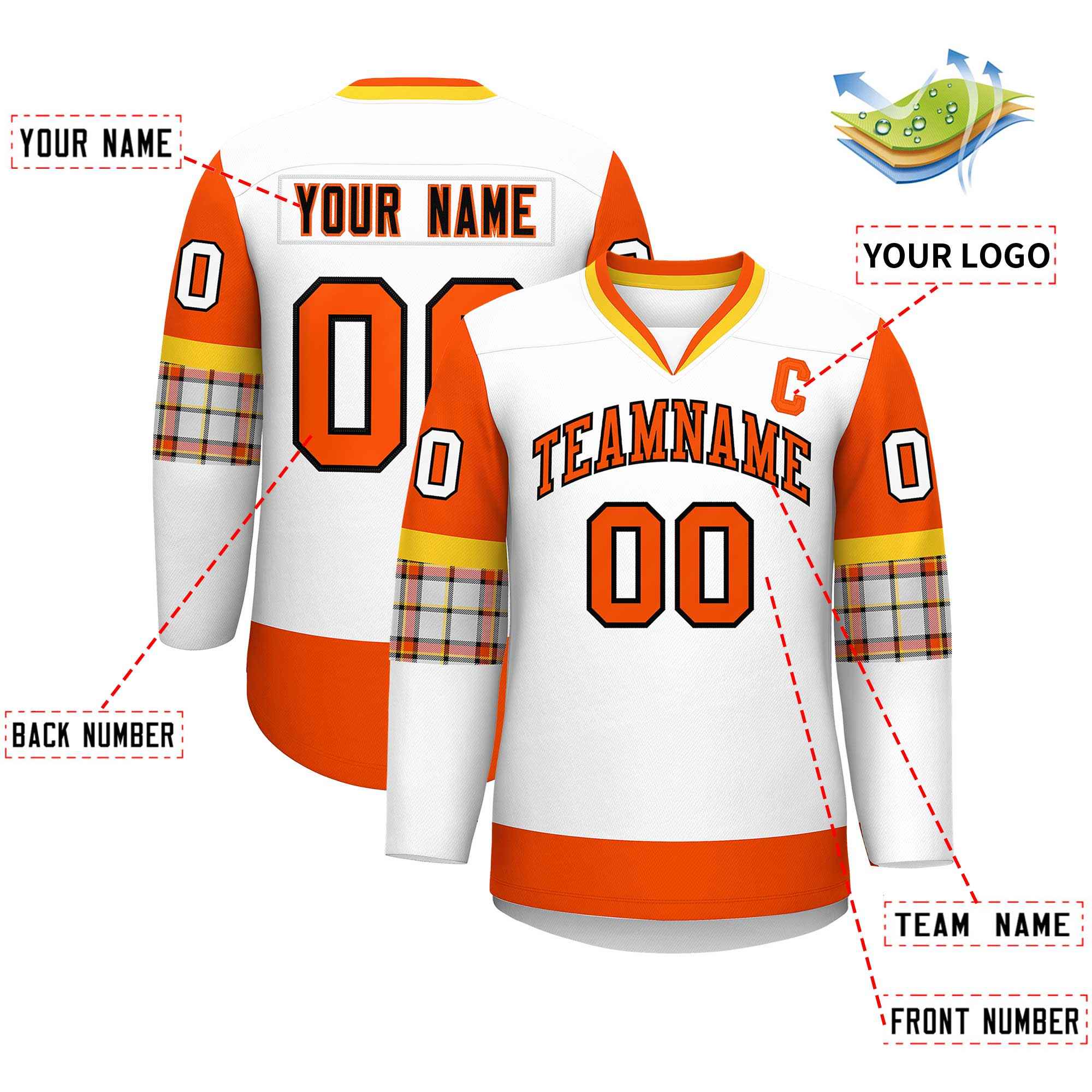 Custom White Orange-Orange Personalized Raglan Sleeves V-Neck Hockey Jersey