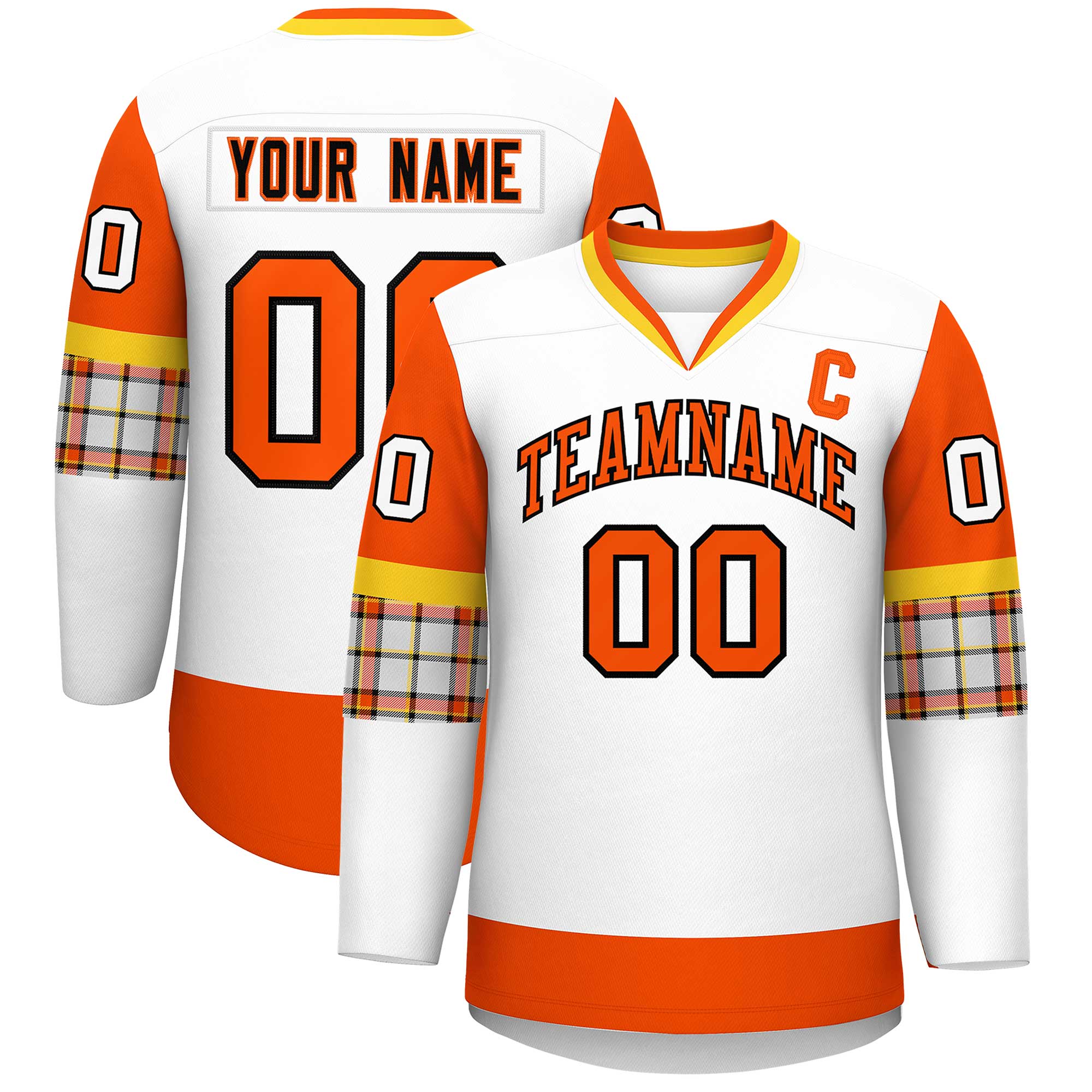 Custom White Orange-Orange Personalized Raglan Sleeves V-Neck Hockey Jersey