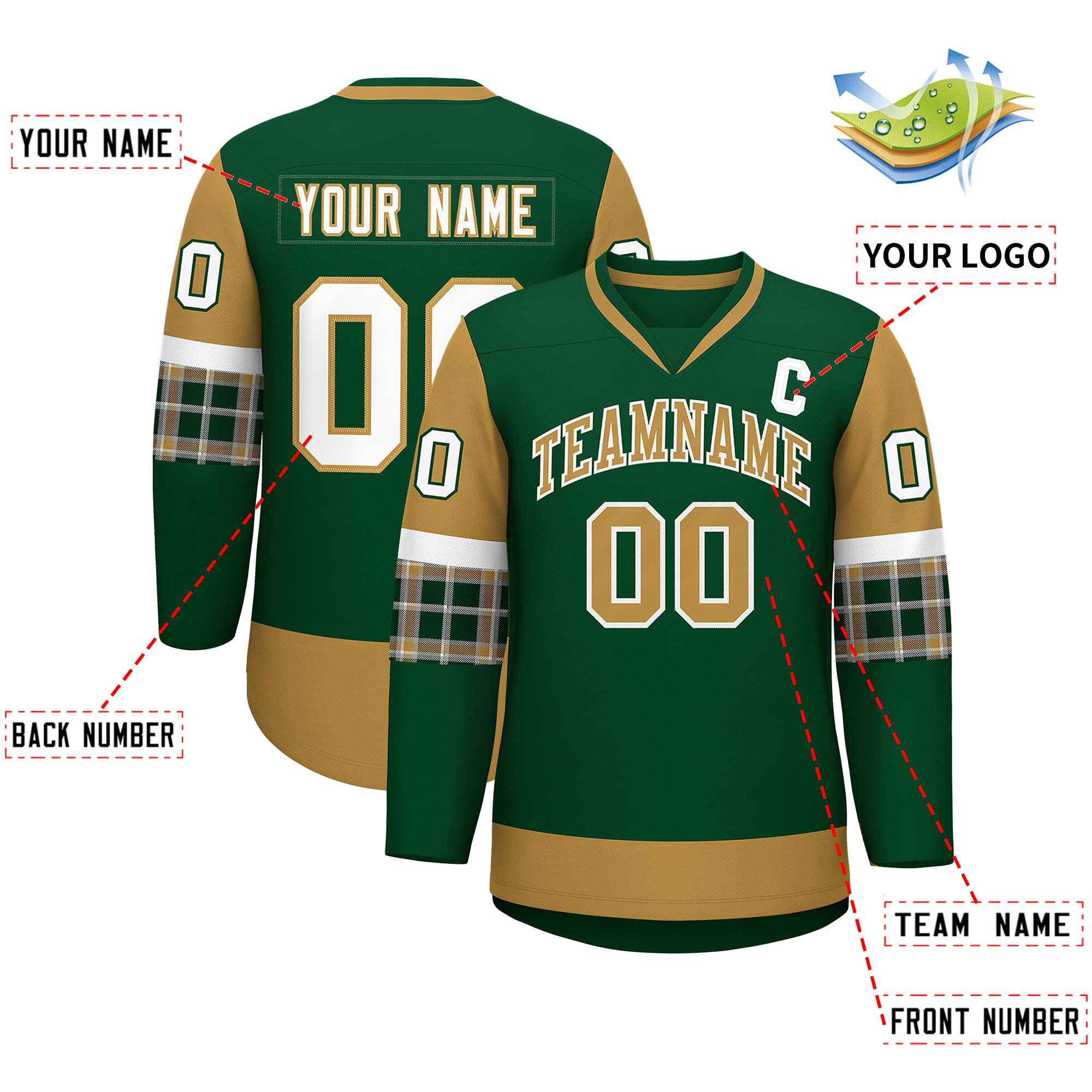 Custom Green Old Gold-White Personalized Raglan Sleeves V-Neck Hockey Jersey