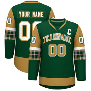 Custom Green Old Gold-White Personalized Raglan Sleeves V-Neck Hockey Jersey