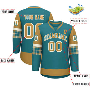 Custom Aqua Old Gold-Old Gold Personalized Raglan Sleeves V-Neck Hockey Jersey