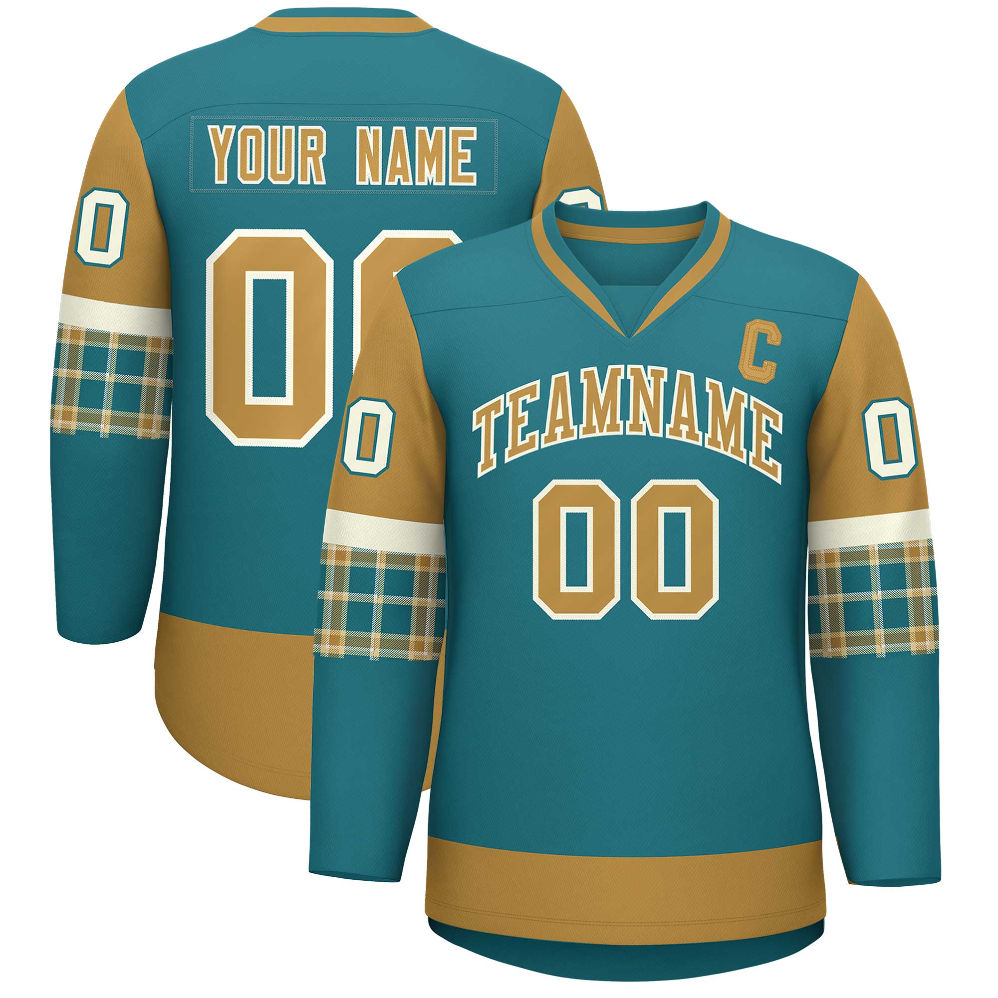 Custom Aqua Old Gold-Old Gold Personalized Raglan Sleeves V-Neck Hockey Jersey