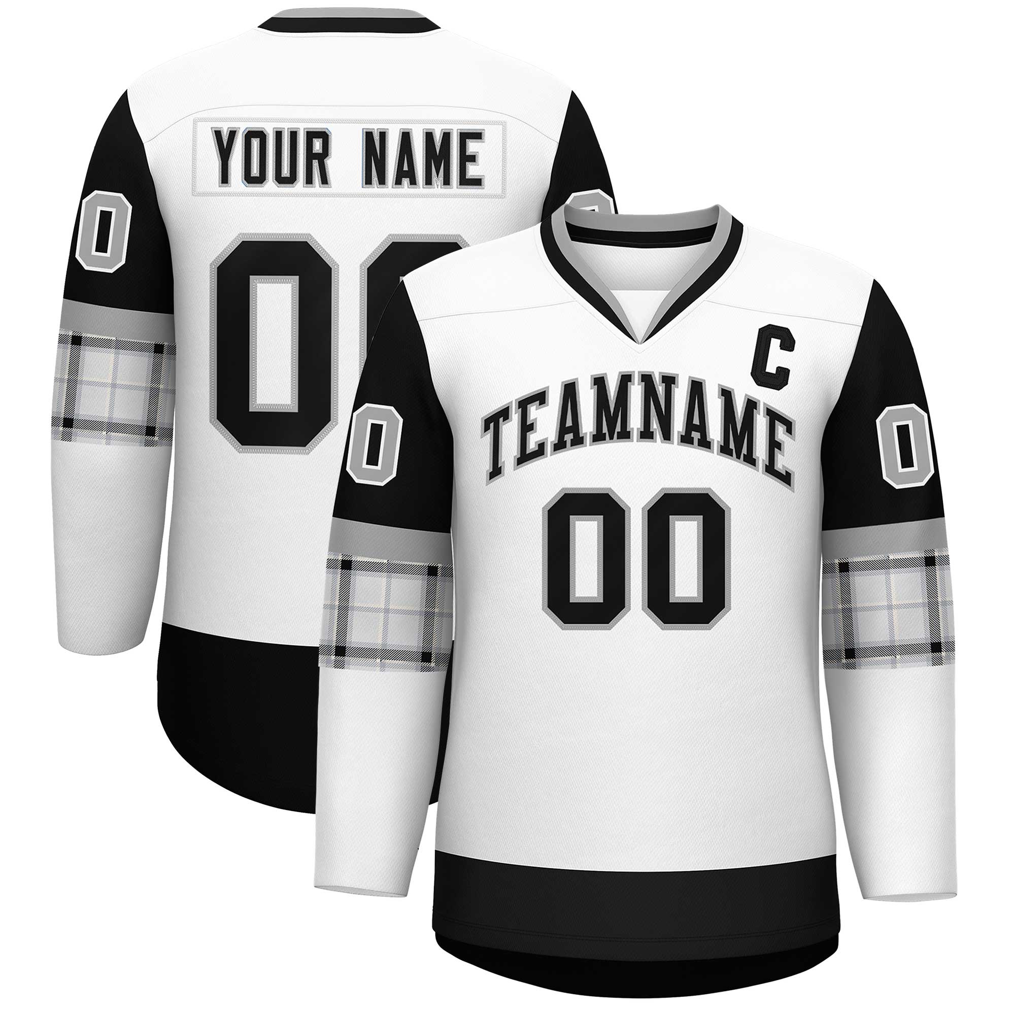 Custom White Black-Black Personalized Raglan Sleeves V-Neck Hockey Jersey