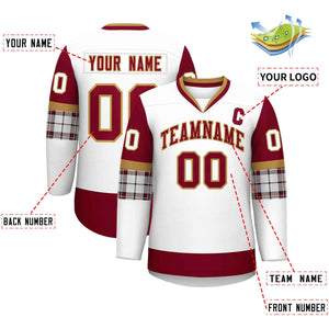 Custom White Crimson-Crimson Personalized Raglan Sleeves V-Neck Hockey Jersey