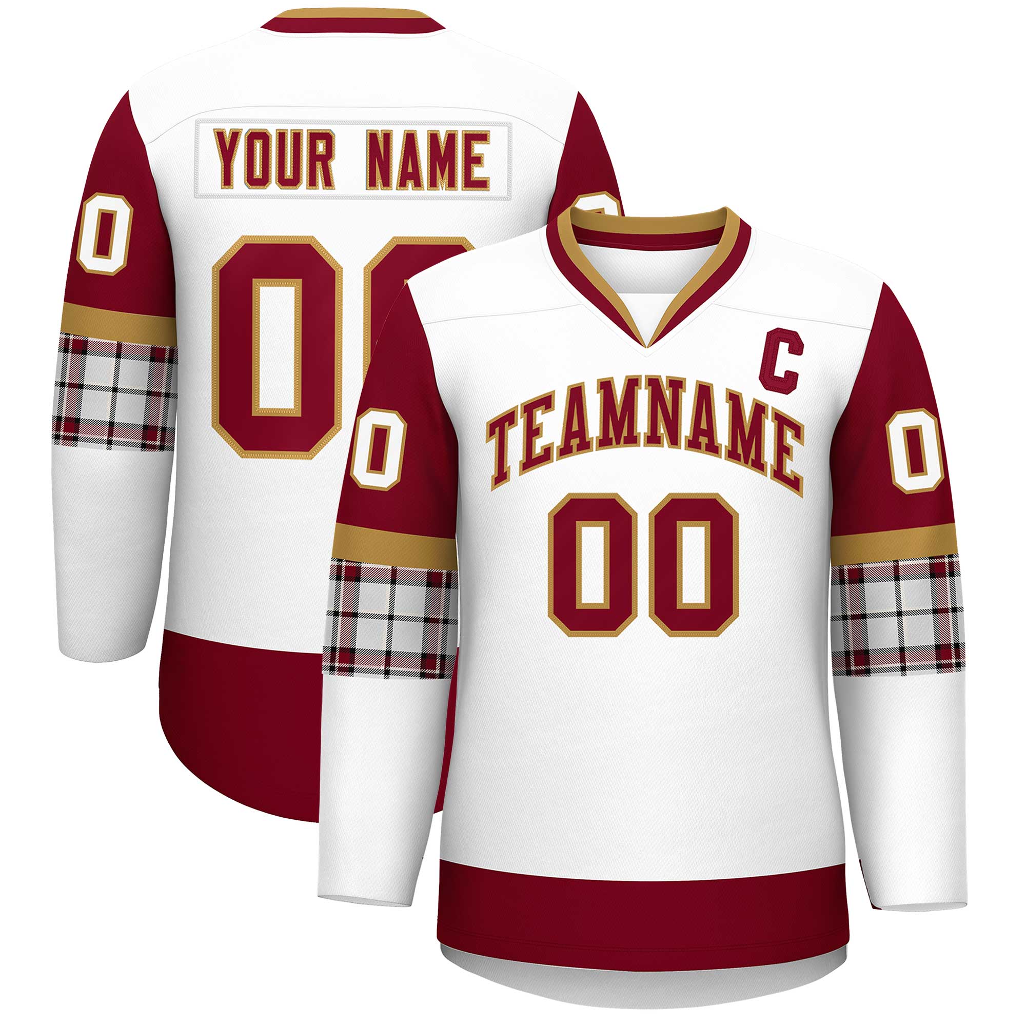 Custom White Crimson-Crimson Personalized Raglan Sleeves V-Neck Hockey Jersey