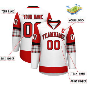 Custom White Red-Red Personalized Raglan Sleeves V-Neck Hockey Jersey