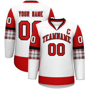 Custom White Red-Red Personalized Raglan Sleeves V-Neck Hockey Jersey