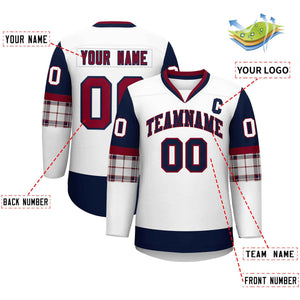 Custom White Navy-Crimson Personalized Raglan Sleeves V-Neck Hockey Jersey