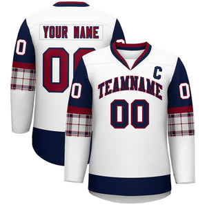 Custom White Navy-Crimson Personalized Raglan Sleeves V-Neck Hockey Jersey