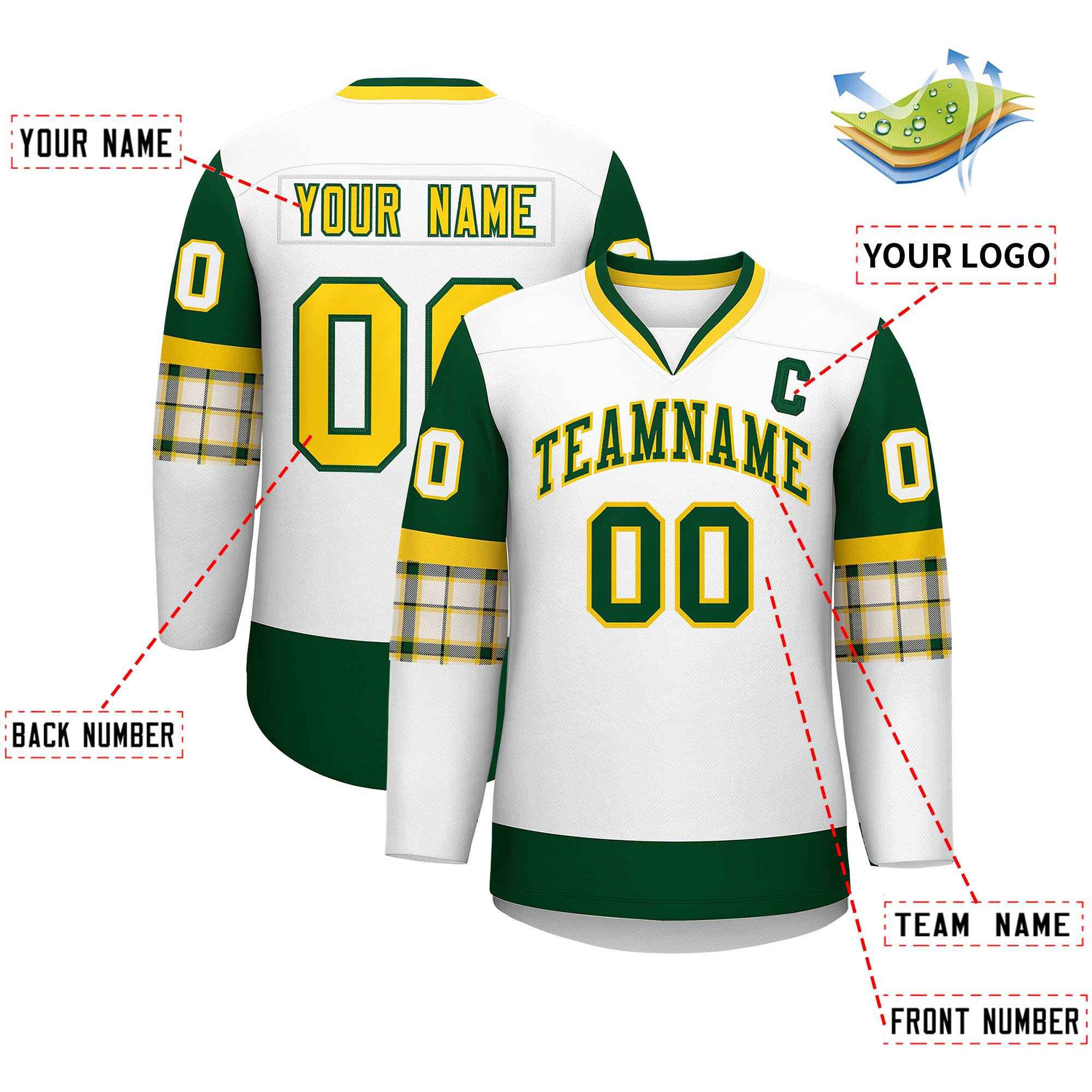 Custom White Green-Yellow Personalized Raglan Sleeves V-Neck Hockey Jersey