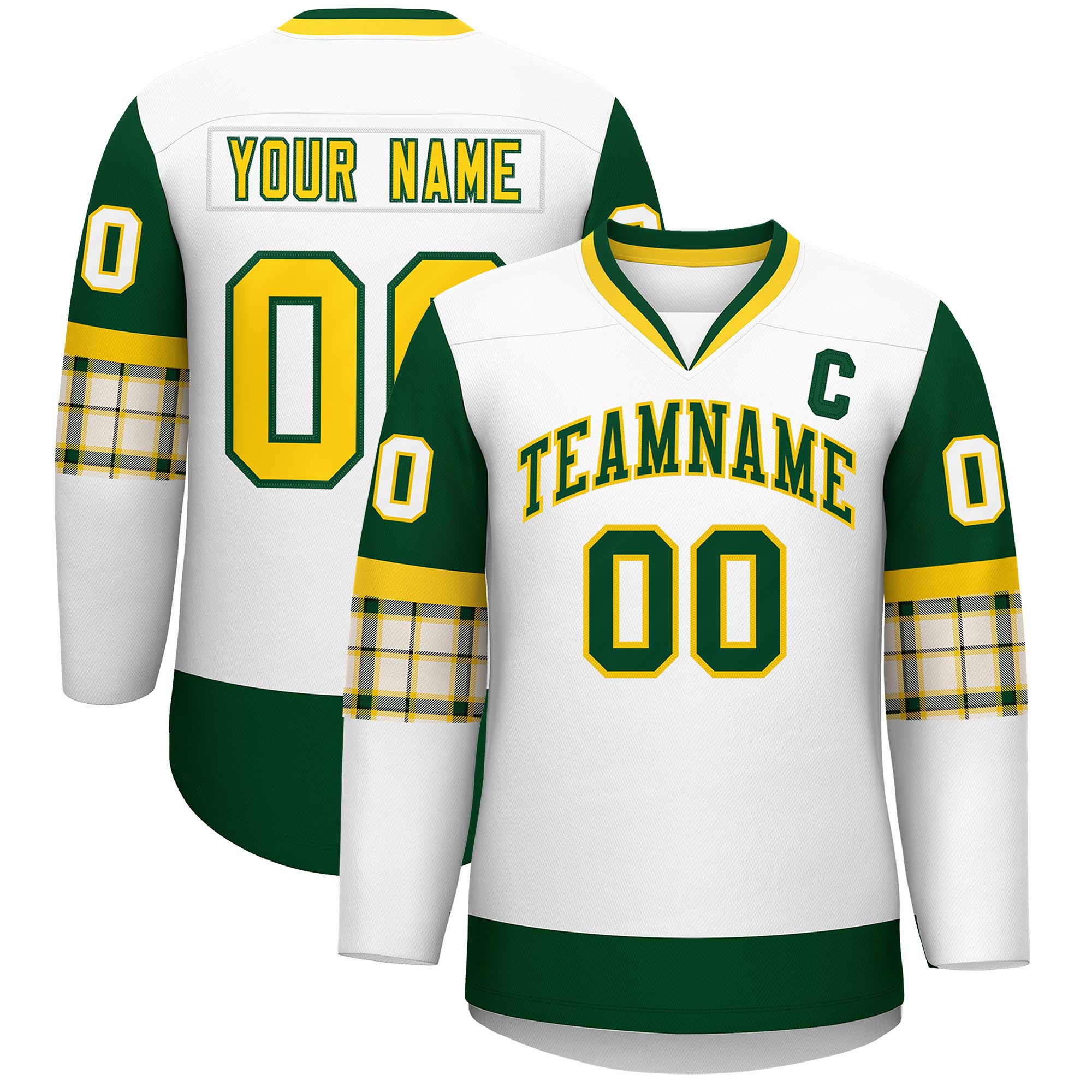 Custom White Green-Yellow Personalized Raglan Sleeves V-Neck Hockey Jersey