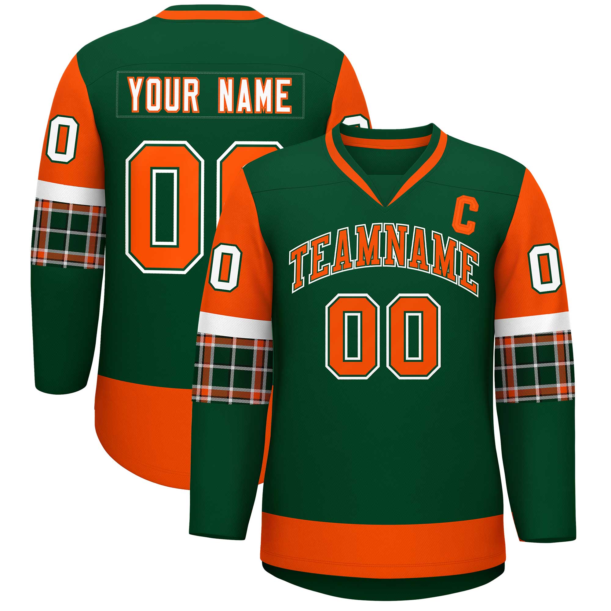 Custom Green Orange-Orange Personalized Raglan Sleeves V-Neck Hockey Jersey