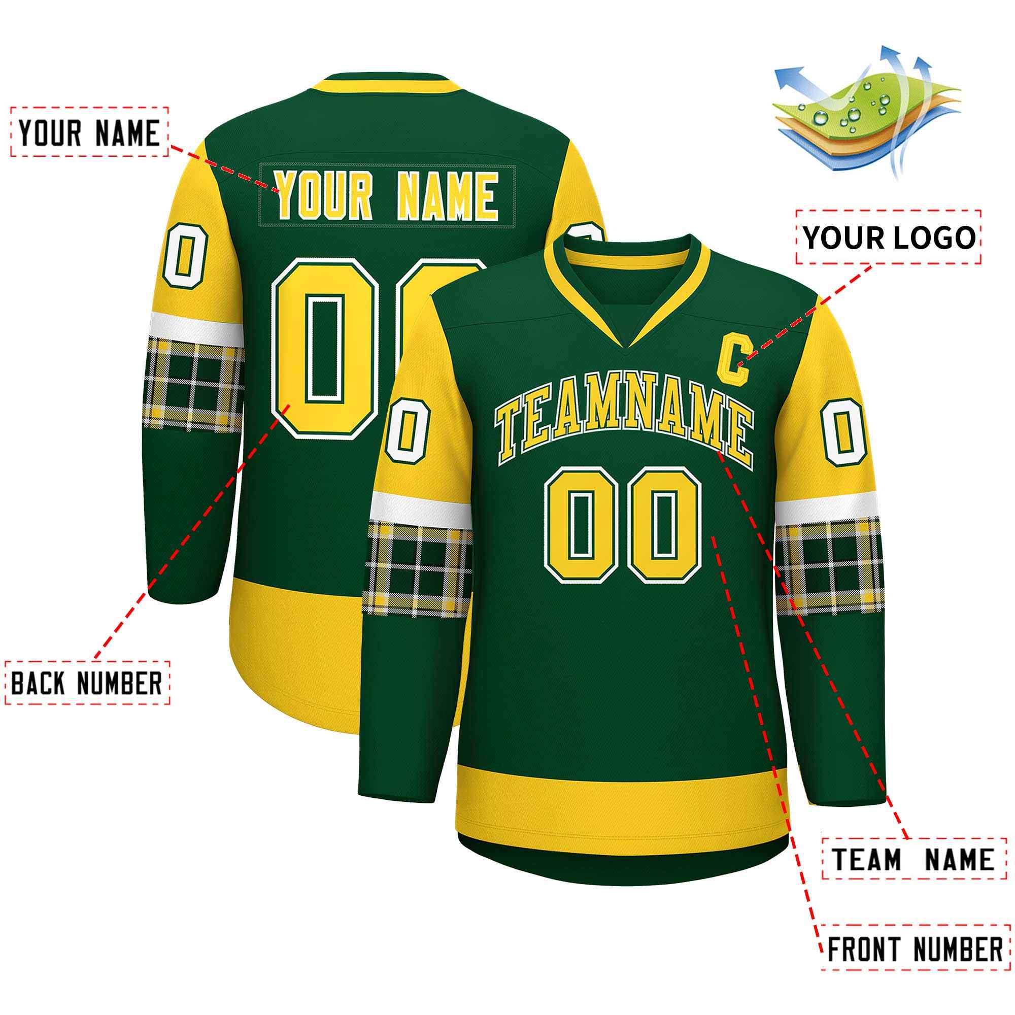 Custom Green Gold-Gold Personalized Raglan Sleeves V-Neck Hockey Jersey